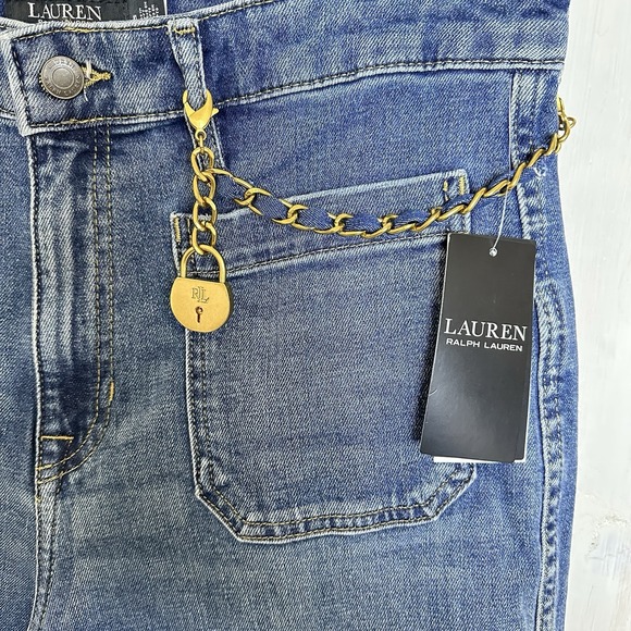 New $165 Lauren Ralph Lauren Gold Chain-Trim High-Rise Flare Jeans Denim  $175 - Picture 1 of 12